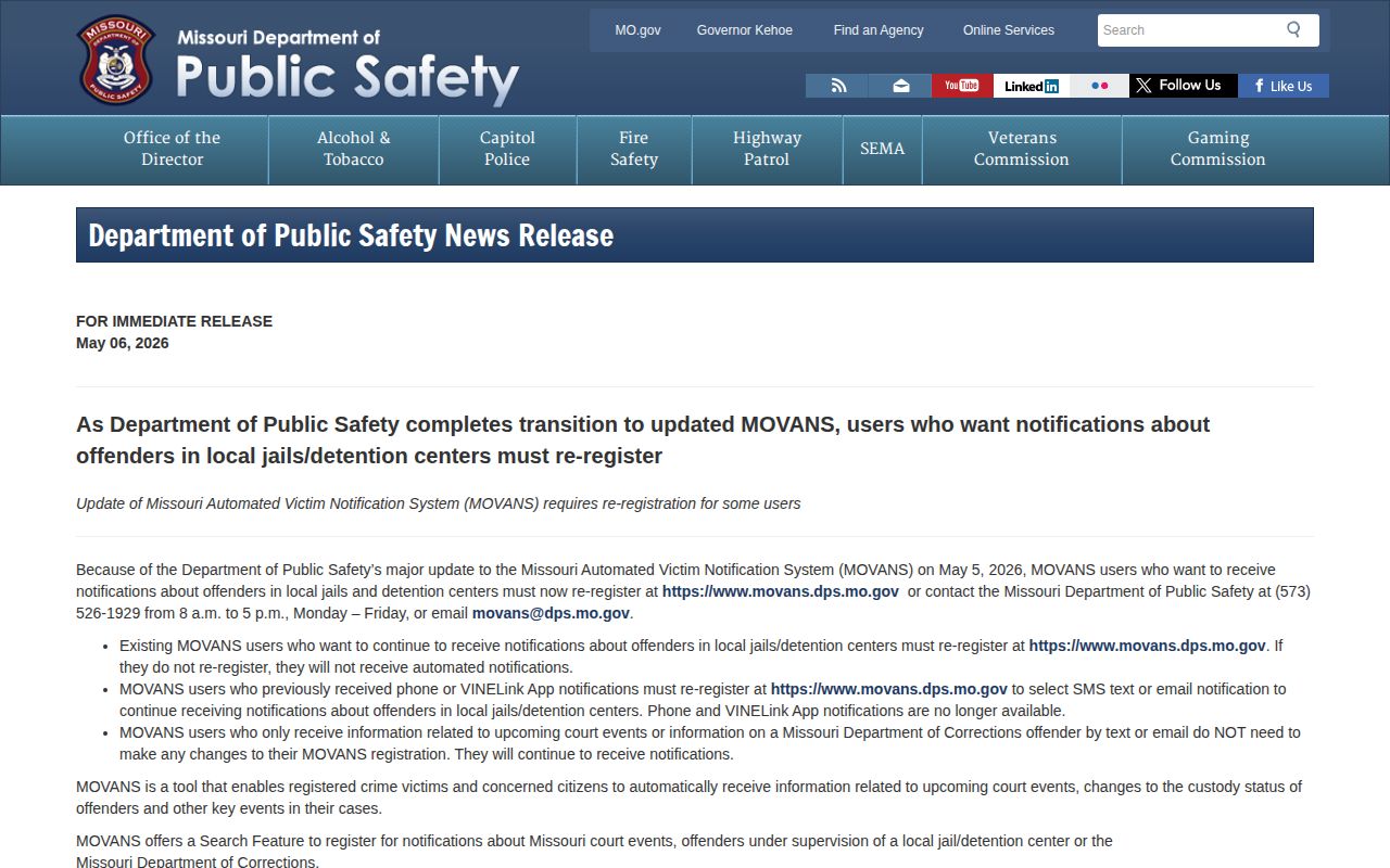 Clinton County MOVANS release alert transition notice